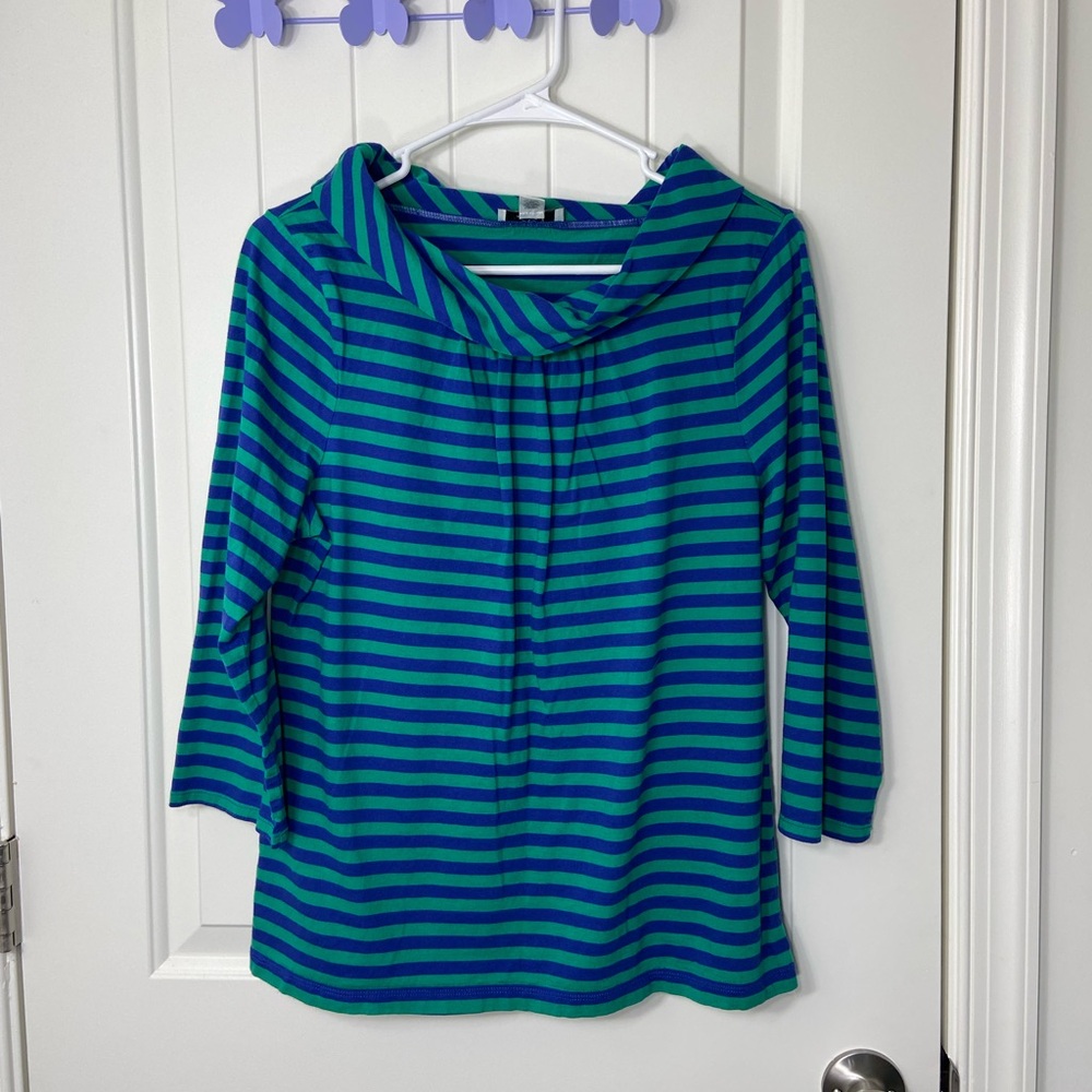 EUC Ann Taylor LOFT women’s teal blue striped cowl neck 3/4 sleeve blouse top L